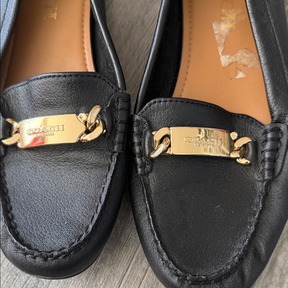 Coach Black Leather Loafers with Gold Chain Detail - Picture 2 of 5